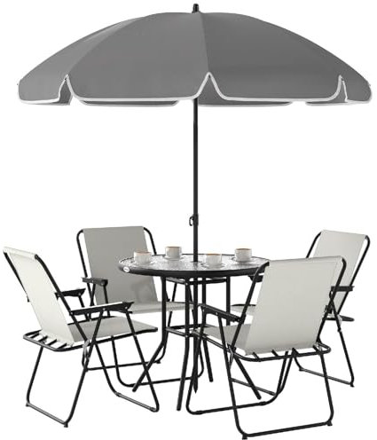 DECHOME - Tavolo da Giardino con 4 Sedie Pieghevoli ed Ombrellone in Acciaio Set 6 Pezzi colore Crema, Grigio e Nero