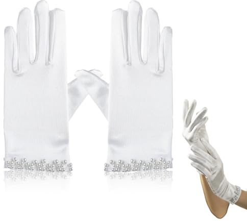 RTRTGS Guantes cortos de satén para mujer, de baile, elásticos blancos, elegantes para novia, con diseño de encaje floral en la muñeca, adecuados para bodas, óperas, cenas de verano y disfraz