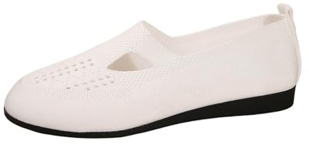 Women's Ballerina Slip-On Shoes, Non-Slip Flat Knitted Trainers, Comfortable Summer Elegant Round Toe Sporty Shoes, Summer Shoes, Low Soft Comfort Flats Shoes, Women's Dance Shoes, 1 White, 8.5 UK