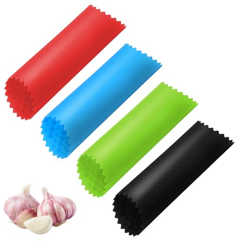 Classicseali 4 Stück Knoblauch Schäler, Knoblauchschäler Silikon, Garlic Peeler, Easy Knoblauchrolle für Knoblauchpresse, Gemüseschäler Küchenwerkzeuge (Rot,Schwarz,Grün,Blau)