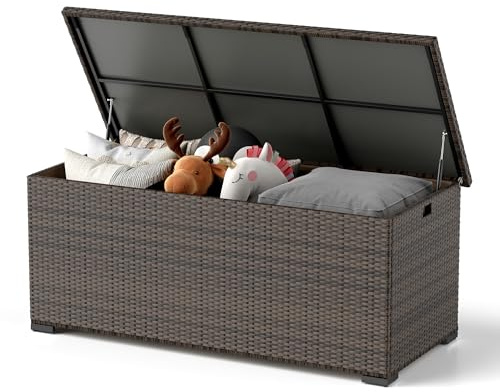 UDPATIO Gartenbox Wasserdicht 650L, Aufbewahrungsbox Garten XXL, Auflagenbox Wetterfest, Kissenbox Outdoor mit Deckel, Gasdruckfedern, ideal für Garten, Terrasse & Balkon | Braun