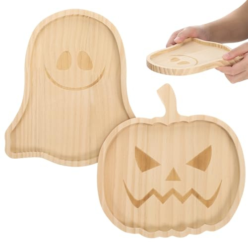Halloween Deko Tablett aus Holz mit Geister Kürbis Servierplatte oder festliche Tischdeko Für Obst-Und KäSeplatte Halloween Party 2 Stück