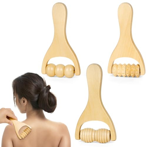 ACWOO 3 Stück Holz Massageroller, Faszienstab Holz, Rückenmuskel-Roller, Manuelle Holztherapie-Massagewerkzeuge, Massagegerät mit Griff Faszienrolle, zur Muskelentspannung (whole body massage)