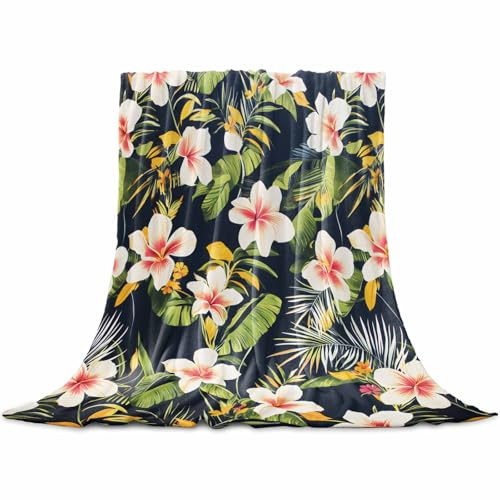 Summer Lily Flower Palm Leaf on Black Blankets Microfiber Flannel Fleece Soft Blanket,Rustic Tropical Plant Cozy Throws for Bed Couch Sofa,60x80Inch