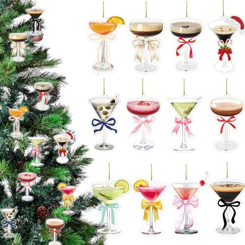 Soulchen 24 pcs Acrylic Cocktail Christmas Ornaments Martini Ornament for Christmas Tree Decorations Drink Wine Glass Ornament