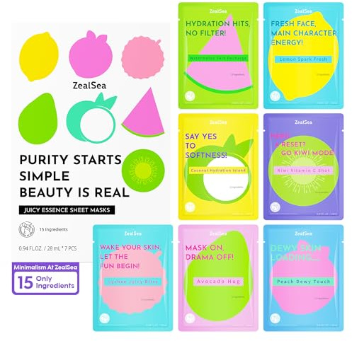 ZealSea Clean Beauty Face Masks Skincare, Minimalism 15 Ingredients Sheet Mask, Deep Hydration Facial Mask for Bouncy & Glowing, Sleepover Spa Party Supplies, Women Teen Girl Gifts Trendy Stuff, 7Pack