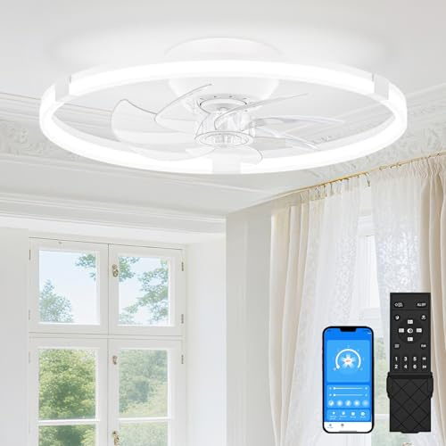 SUNKENET 50cm Ceiling Fan with Light with Remote, White Ceiling Fan Light | 6 Speeds Fan Lights Ceiling for Bedroom,Quiet Light Fan Ceiling,3000K-6500K Dimmable Smart Modern LED Ceiling Fan with Lights