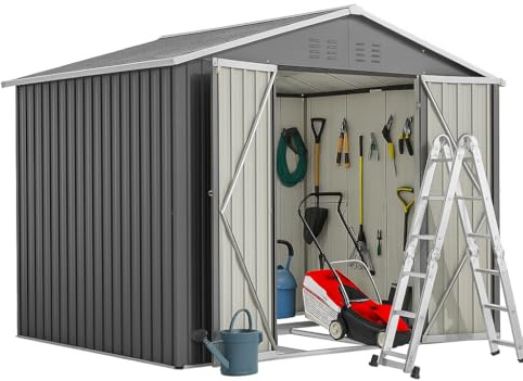 Metall Geräteschuppen 8x6 Fuß – Gartenhaus mit Belüftungsgitter & abschließbarer Tür – wetterfestes Gerätehaus für Rasenmäher & Fahrräder (Grau, 8x6 Fuß)