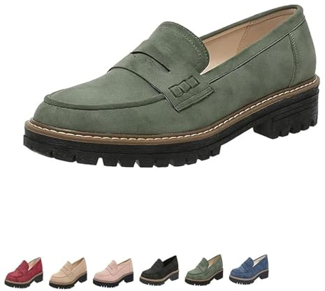 Orthoture-Ortopediska Platåloafers, Dam Runda Retrotå Bekväma Loafers, Slip On Skor Vandringsko(Green,42 EU)