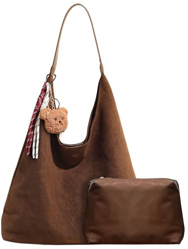 Myhozee Wildleder Handtasche Damen Set, Tasche Groß Hobo Tote Bag Slouchy Bag Suede Vintage Schultertasche Damen Umhängetasche Shopper für Mädchen Frauen