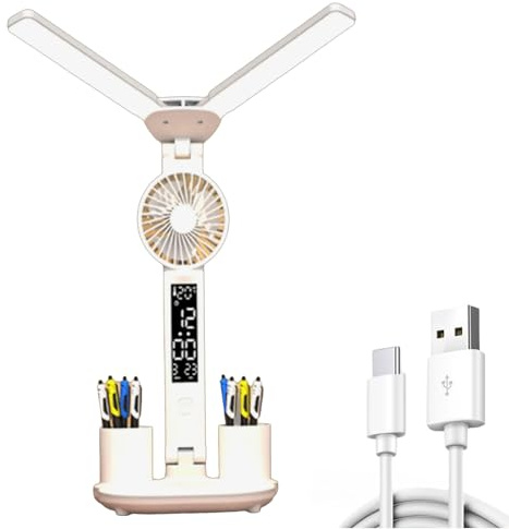 Dcfbkl Luz de escritorio portátil cargada por USB con dos cabezales y ventilador silencioso para estudiantes y lámpara LED de toque profesional