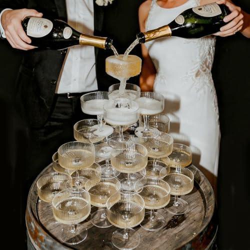 JarThenaAMCS 30Pcs Champagne Tower Glass 7 Oz Acrylic Champagne Coupe Stackable Clear Martini Cocktail Glass for Birthday Wedding Party Bar Decor