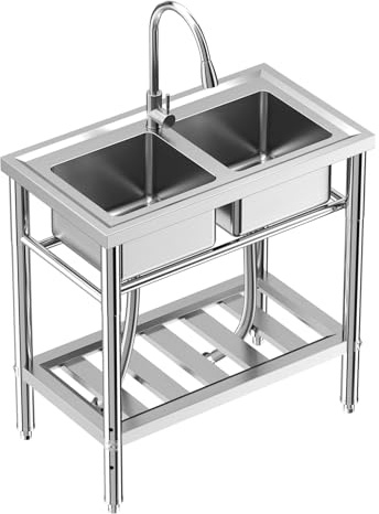 Fregadero de cocina independiente de acero inoxidable con grifo, estante y accesorios, juego completo para cocina, baño, comercio, 84 x 46 x 76 cm, inoxidable y duradero