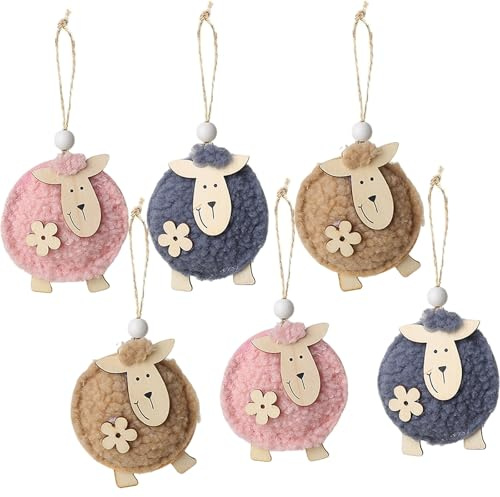 HERZWILD 6pcs Ostern Schafe Anhänger aus Holz Schafe zum Aufhängen Osterdeko Schäfchen Deko (braun grau rosa)