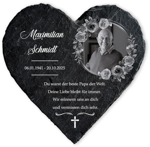 GRAVURZEILE Bedrucktes Schieferherz - In Gedenken V2 - Personalisiert mit Name, Foto & Datum - Grabtafel aus Naturschiefer in Herzform - 15 x 15 cm - Grabschmuck für Urnengrab & Gedenkort