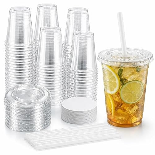 Plastikbecher Mit Deckel,100 Stück 360ML Wiederverwendbar Becher Plastik Mit Deckels Und Strohhalm,Runde Dessertbecher Transparenter,Kunststoffbecher Mit Deckel Für Kaffee,Bubble Tea,Kalte Getränke