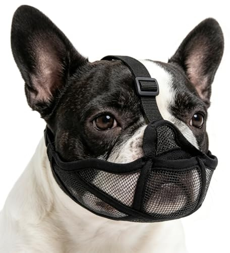 FIGCY Maulkorb für Französische Bulldogge, Kurzschnauzer-Design aus atmungsaktivem Mesh, Verstellbarer Beißschutz gegen Fressen, Trinken und Hecheln möglich, Schwarz Größe XS