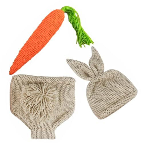 Hemobllo Costume de Photographie Bébé Pâques 3 Pièces Lapin Carotte en Fil Laine Douce, Respirant, pour Séances Photo et Shower