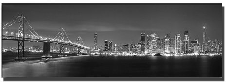 rWandbild günstig & modern (san-francisco-skyline-150x50cm) Deko Bilder fertig gerahmt. Ausführung schöne Kunstdruck auf echter Leinwand. San Francisco Nacht Brücke Wolkenkratzer schwarz weiß.