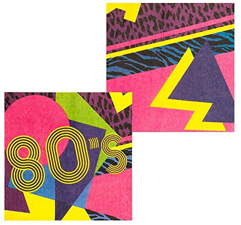 Boland 44608 - Papierservietten 80´s, 12 Stück, Größe 33 x 33 cm, 80er Jahre, neon, Partygeschirr, Garten Party, Geburtstag, Fingerfood, Partyzubehör, Bad Taste Party, Überraschungsparty