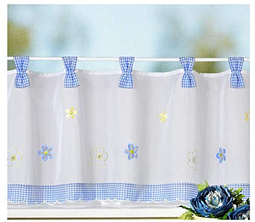 heimtexland Gardine Country Chic Scheibengardine FRÜHLING Vichy-Karo blau Schlaufen-Bistro Landhaus mit Blumen Bestickt HxB 45x150 cm - sehr schöner Fall…auspacken, aufhängen, fertig! Typ78 (blau)