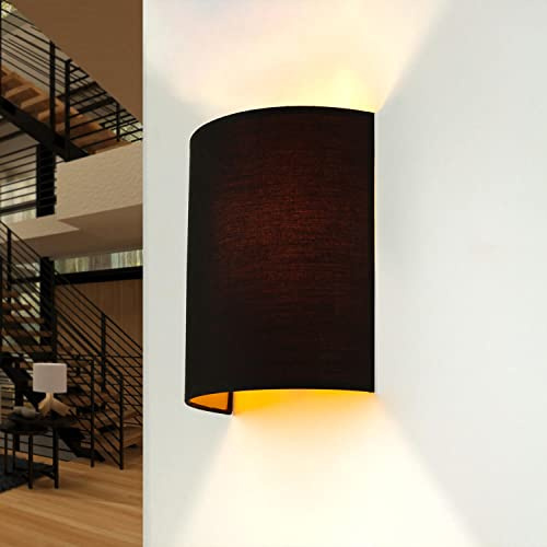 Licht-Erlebnisse Wandleuchte Schwarz Gold, Up Down Leuchte, Lampe Schlafzimmer Wand, Treppenhaus, Wandleuchte Stoff, H:23 cm, E27, halbrund, indirekt, wohnlich, Kleine Wandlampe Innen, ALICE