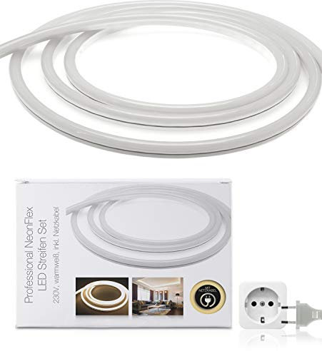 LED Universum 15 Meter Pro230 NeonFlex LED Streifen warmweiß mit Netzanschlusskabel, IP65, 230 V, 9 W/m, 280 lm/m, für Innen- und Außenbereich