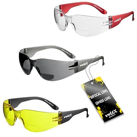 voltX 3 x GRAFTER Bifokale Schutzbrille - Klar, Rauchgrau, Gelb, +1,0 | UKCA & CE EN166F zertifiziert. Klare, rauchfarbene und gelbe Gläser – UV400 Anti-Beschlag-Polycarbonat-Gläser.