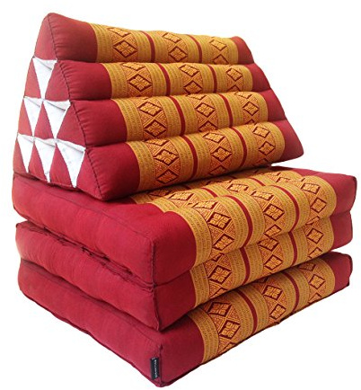 Traditional Thai Kapok 3 Fold Meditation Mattress with Oriental Style Triangle Recliner Cushion for Yoga Massage or Relaxation (Copper, Burgundy)