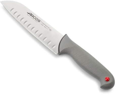 Arcos Serie Colour Prof, Cuchillo Santoku con Alveolos, Hoja de Acero Inoxidable Nitrum de 180 mm, Mango de Polipropileno recubierto de Elastómero Color gris
