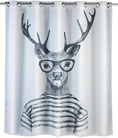WENKO Anti-Schimmel Duschvorhang Mr.Deer Flex, Textil-Vorhang mit Antischimmel Effekt, große integrierte Ringe zur Befestigung an der Duschstange, waschbar,wasserabweisend, 180 x 200 cm