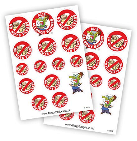 Al’s Allergy Alert Patches, Pin Badges & Stickers - Allergic to Nuts - The Designs are Fun and Bright but get The Important Message of Food Allergy Across. (No Nuts - Nuts Sticker Sheets)