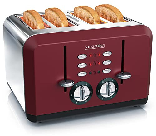 Arendo - Automatik Toaster 4 Scheiben - Edelstahlgehäuse - bis zu vier Sandwich und Toast-Scheiben - Bräunungsgrad 1-6 - Aufwärm- und Auftaufunktion - Krümelschublade - GS-zertifiziert - rot