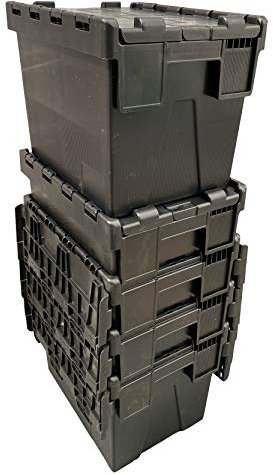 Loadhog Heavy Duty 100% Recycled Plastic 25 Litre Attached Lidded Container Storage Box Totes (L 400 x W 300 x H 305 mm) Black - Pack of 5