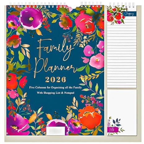 2026 Calendar Family Organiser Month to View Calendar Hanging Memo Pad with Shopping List, Notepad, Five Columns for organising Family (Floral)