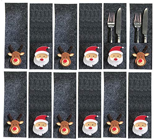 Geschenkestadl Weihnachtliche Bestecktasche Filz mit Motiv Elch und Weihnachtsmann (12 Stück)