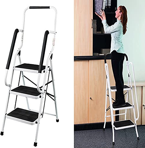 Échelle portable pliable en acier à 3 marches avec rampe de sécurité et bande antidérapante, escabeau pliable portable, en acier robuste, capacité maximale de 150kg, escabeau pour bureau,maison,jardin
