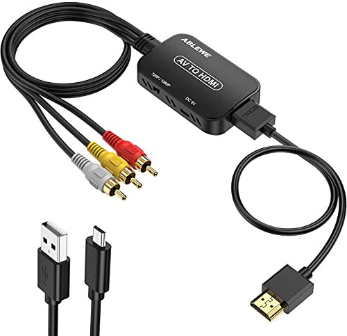 ABLEWE Convertitore da RCA a HDMI, convertitore da AV a HDMI con cavo RCA e cavo HDMI, supporta PAL/NTSC per lettori DVD Roku/VHS/VCR/Blue-ray