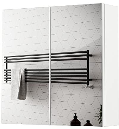 Meerveil Spiegelschrank, Badezimmerspiegel mit 2 Türen 2 Einlegeböden Holz Moderner Stil, 45 x 13 x 45 cm Weiß, FYMC14WT-G2N, Weiß - Rechter