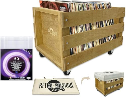 Retro Musique Wooden LP Vinyl Record Storage Crate on Wheels Holds up to 100 albums (Teak Finish), One size