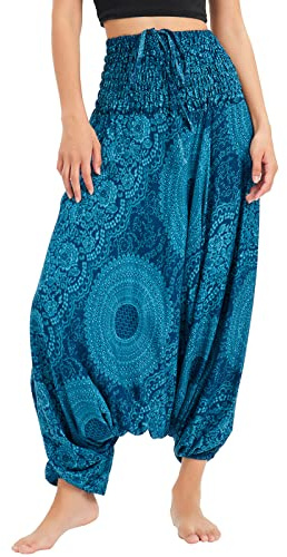 Nuofengkudu Mujer Harem Pantalones Jumpsuit Boho Cintura Alta Verano Playa Rosas Azul