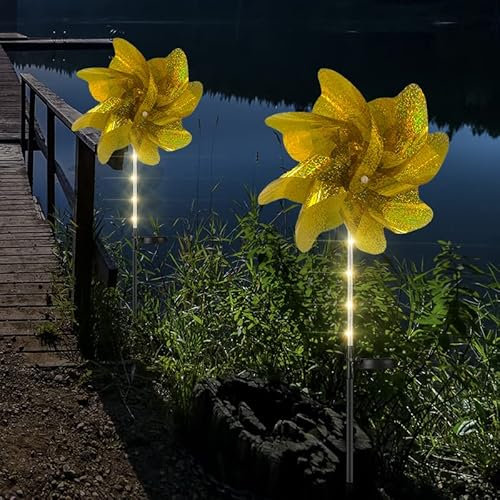 FGYZYP 2 luci solari per esterni a vento solare, luci solari da giardino con mulino a vento, impermeabili, a energia solare, per giardino, patio, prato, cortile, vialetto, decorazione di nozze