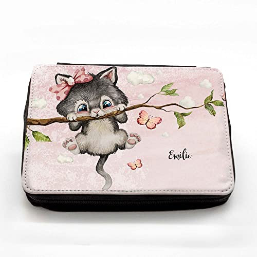 Schultertasche Schultasche Tasche Umhängetasche Federtasche Federmappe Katze Kätzchen auf Ast Schmetterlinge Wunschname Geschenk Bundle41 tsu99 fm243 - ausgewählte Größe: *Federmappe*