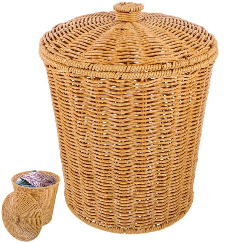 FOMIYES Gewebter Korb mit Deckel, Rattan-Mülleimer, kleiner Müllbehälter, Abfalleimer, Wäschekorb, Pflanzkorb, Recycling-Mülleimer, für Zuhause, Badezimmer, Küche, Garten