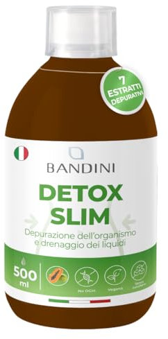 Bandini® Detox Slim 500ml Liquid Draining, Digestive, Antioxidant, with 7 Plant Extracts: Green Tea, Dandelion, BlackBerry, Pilosella, Birch and Papaya, 100% Vegan