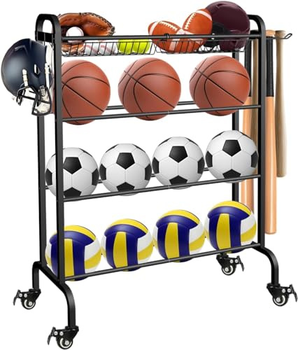 Ardier Ball-Organizer mit Rollen, Basketball-Aufbewahrungswagen, 4 Ebenen | Aufbewahrungswagen für Sportgeräte für Garage und Fitnessstudio, Ballhalter für Basketball, Fußball, Fußball und Volleyball