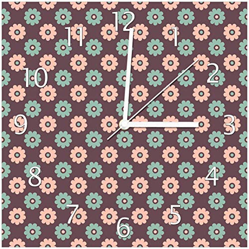 Wallario Design-Wanduhr Muster mit grünen und rosa-farbenen Blüten aus Glas, Motiv-Uhr Größe 30 x 30 cm, weiße Zeiger