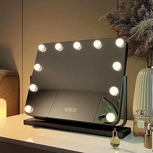 EMKE Hollywood Spiegel mit Beleuchtung, 3 Lichtfarben dimmbar, 360 Grad Spiegel, Schminkspiegel mit Beleuchtung mit Touch, Tischspiegel mit 11 LED Lampen 50x42cm (Schwarz)