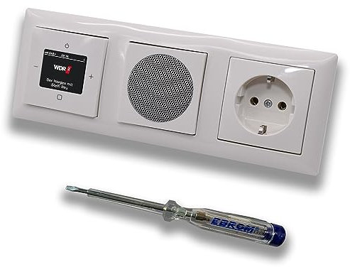 Busch Jäger DAB+ (DAB PLUS) 8215U-101 Balance SI Radio encastrée avec haut-parleur, couvertures, prise de courant, cadre et testeur de phase EBROM Montage par ex. 8215U
