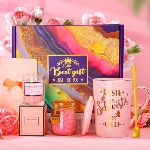 ALBISS Beste Schwester Geburtstag Geschenk mit Keramiktasse & Spa Set | 400ml Marmor-Tasse mit goldenem Aufdruck, Duftkerze und Badesalz für entspannende Wellnessmomente. Geburtstagsgeschenk
